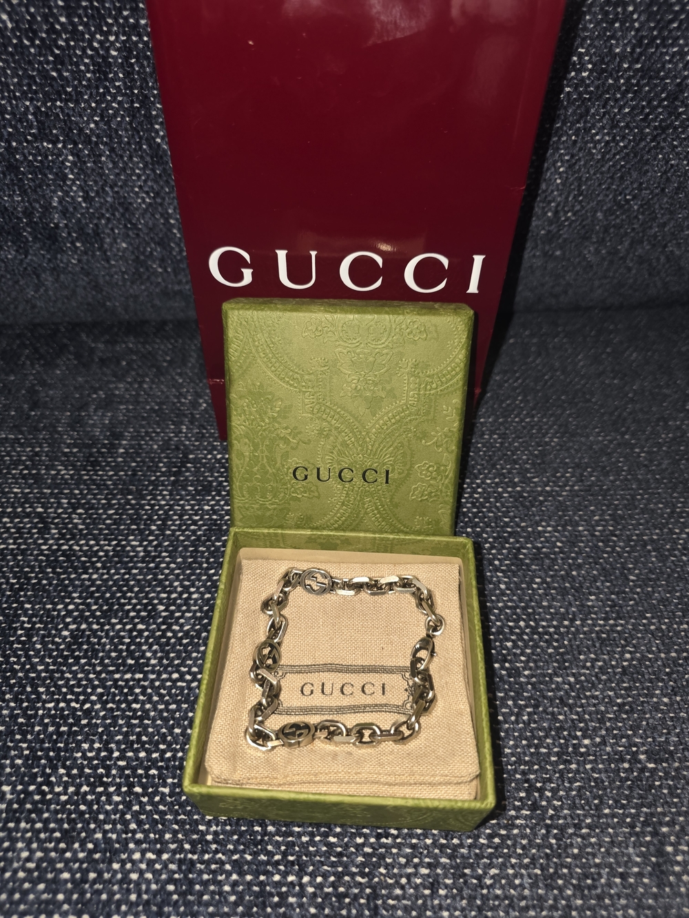 Gucci Silver and Green Bracelet with Dust Bag and Burgundy Bag